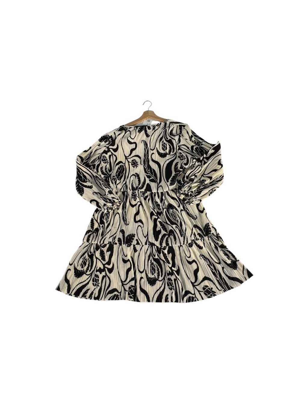 H&M Plissé Mini Dress XL NWT Black Cream Floral Balloon Sleeve Boho Cottagecore - Picture 5 of 10